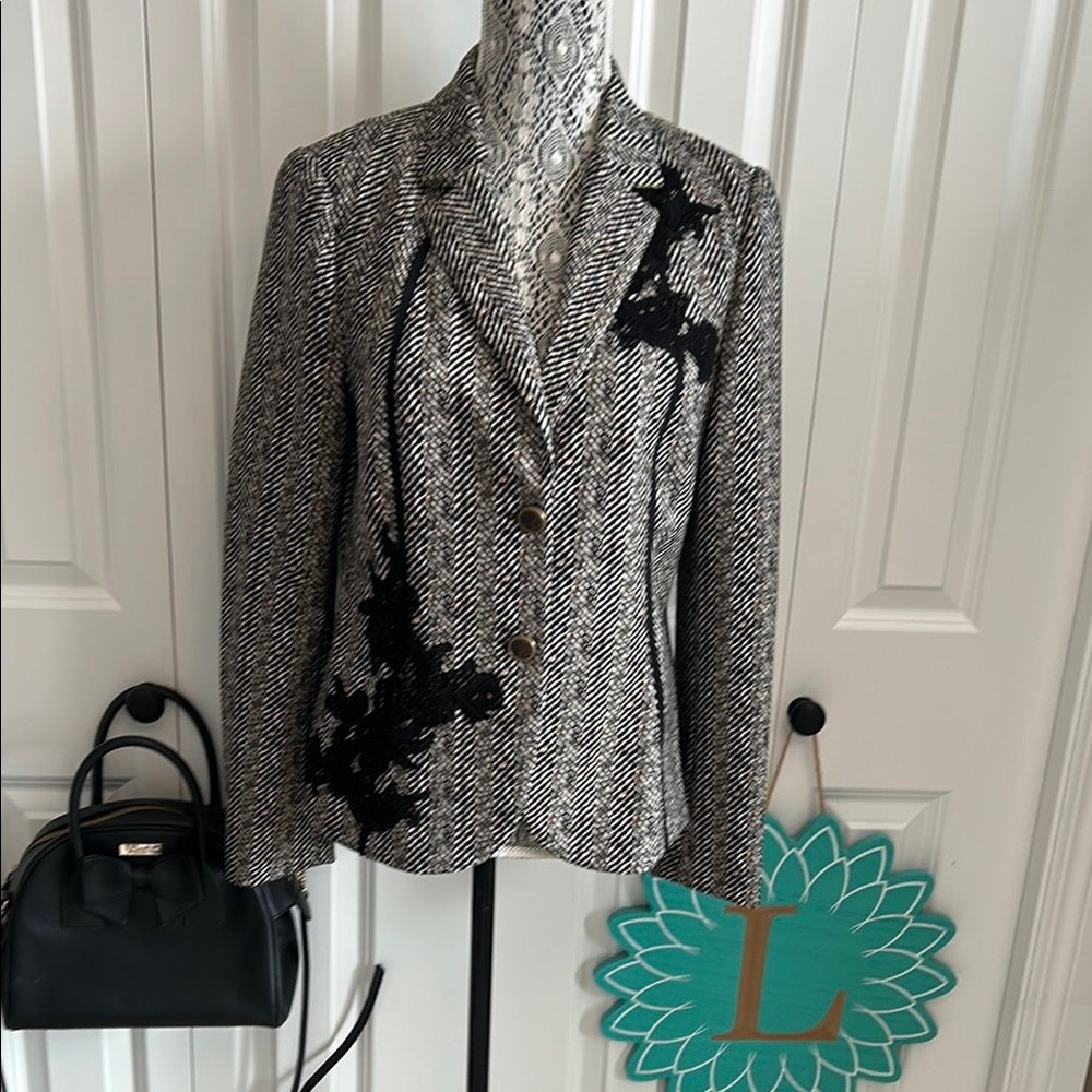 Marc Cain Black and White Blazer with Floral Appliqués
